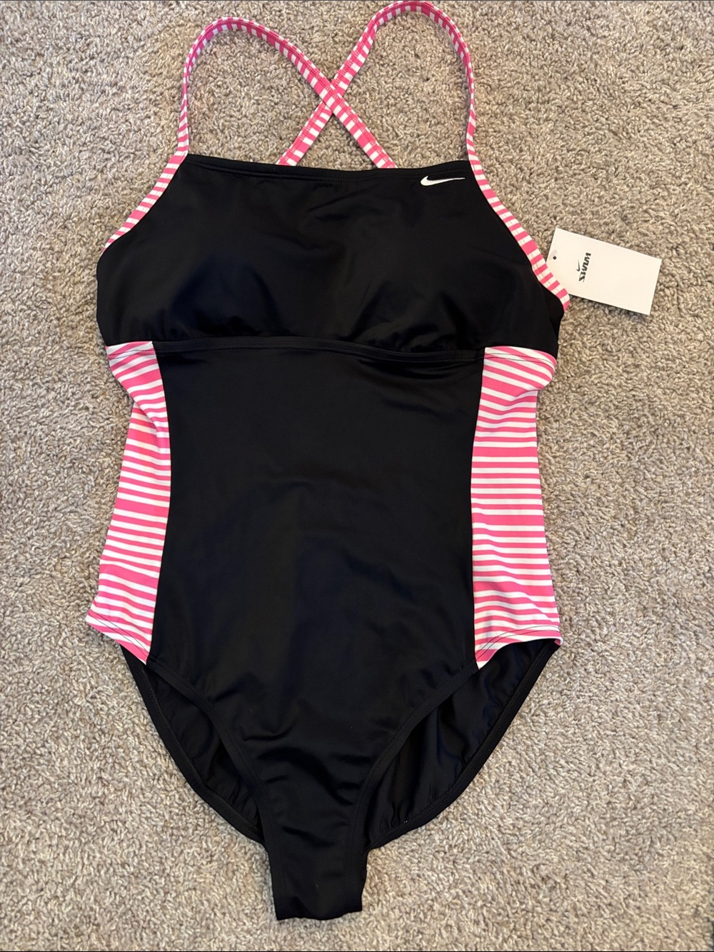 Nike Black One-Piece Swimsuit with Pink & White Stripe Panels